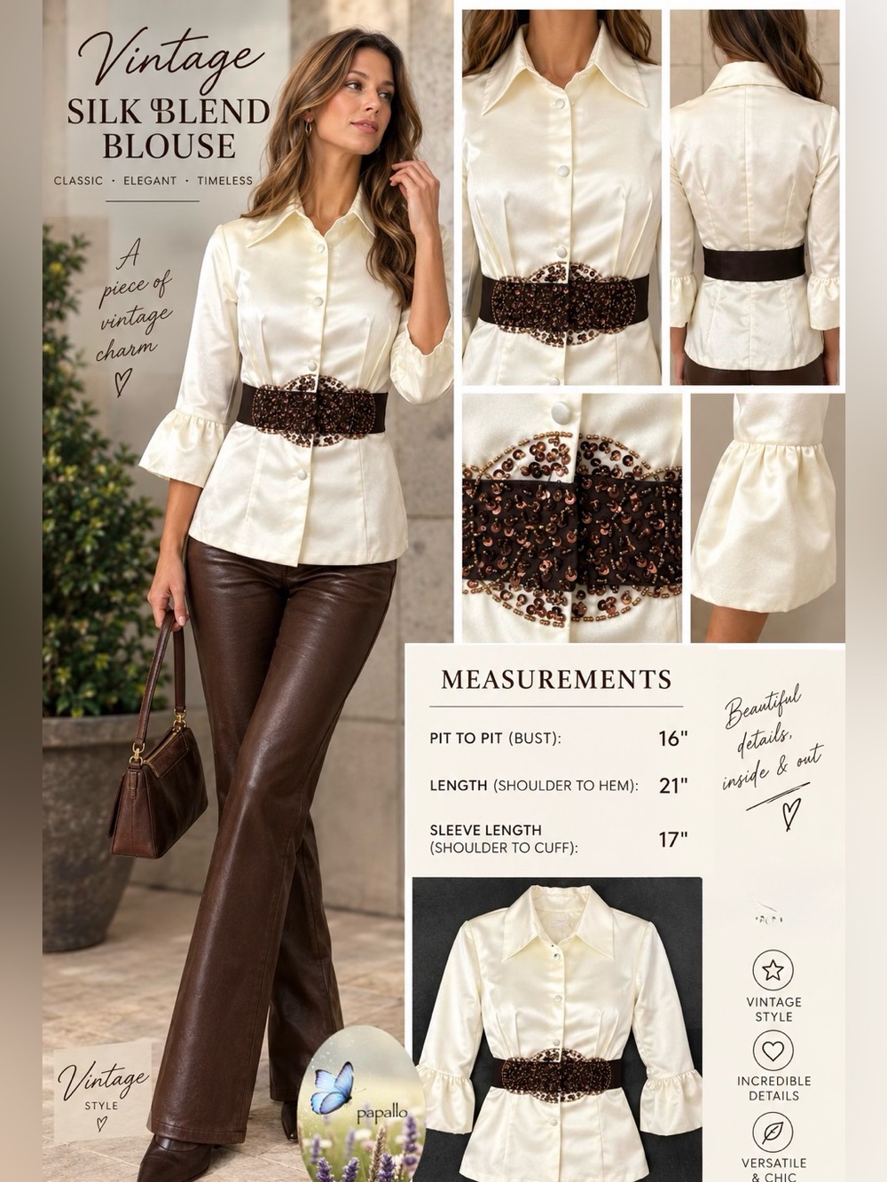 VTG Chic Style Silk Blend Cream Satin Blouse Ruffle Cuff Beaded Waist Top